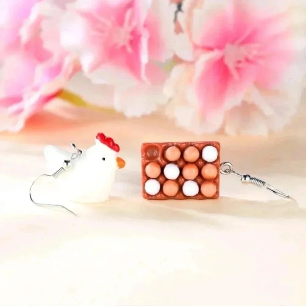 Chicken egg asymmetrical funny hen earrings jewelry fashion women's silver spark